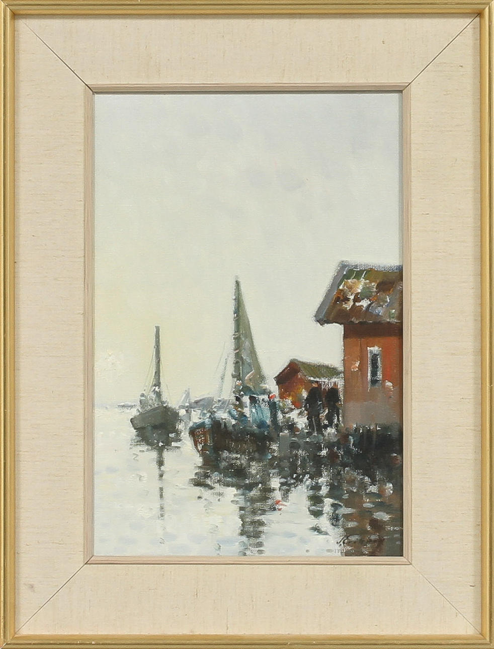 TAGE ERIKSSON. Kustbild med sjöbodar, olja på duk, signerad.