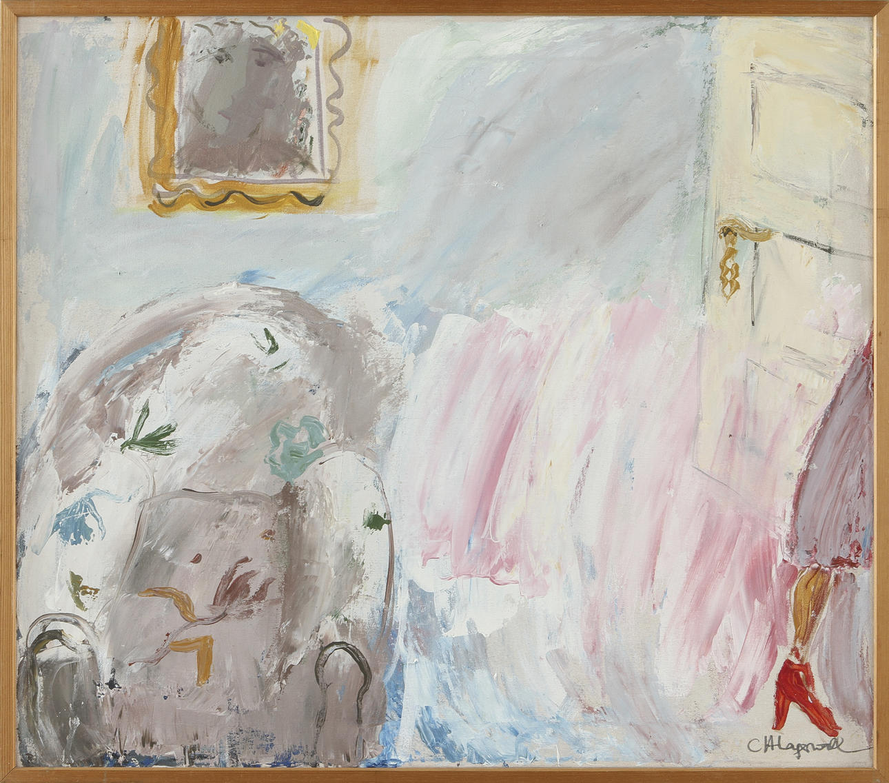 CHARLOTTE HARTMANN-LAGERWALL. Olja på duk, signerad. "Rosa dam gör sorti".