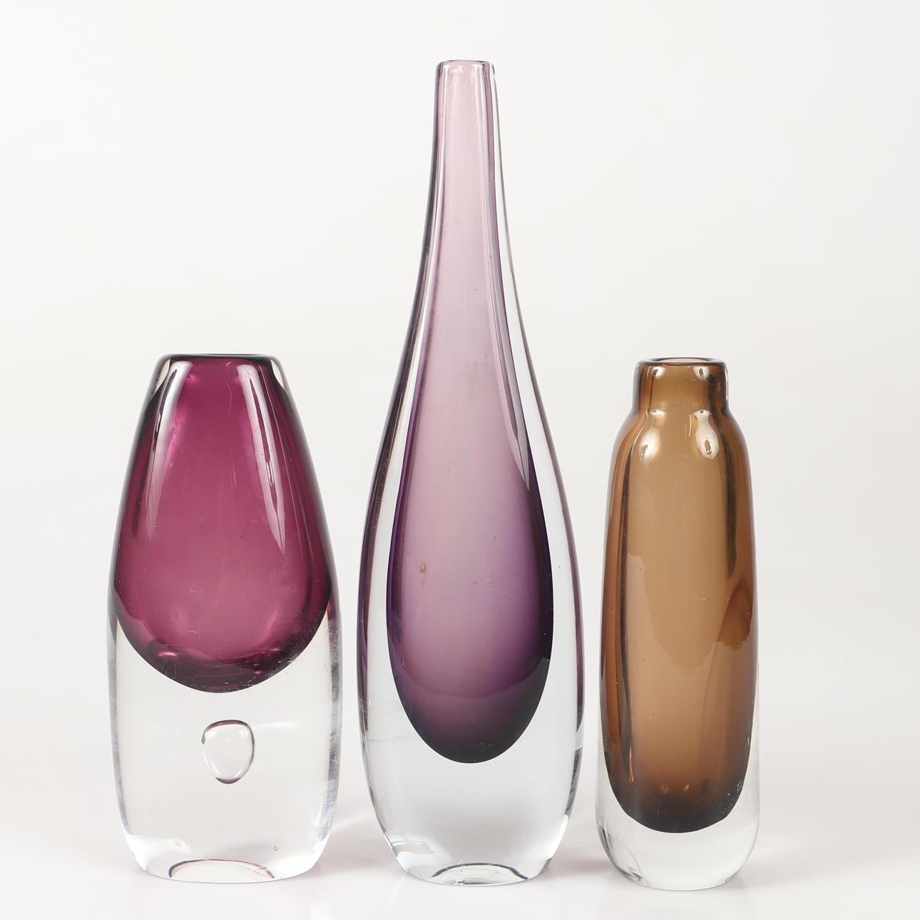 VASES, 3 pieces, glass, unsigned.