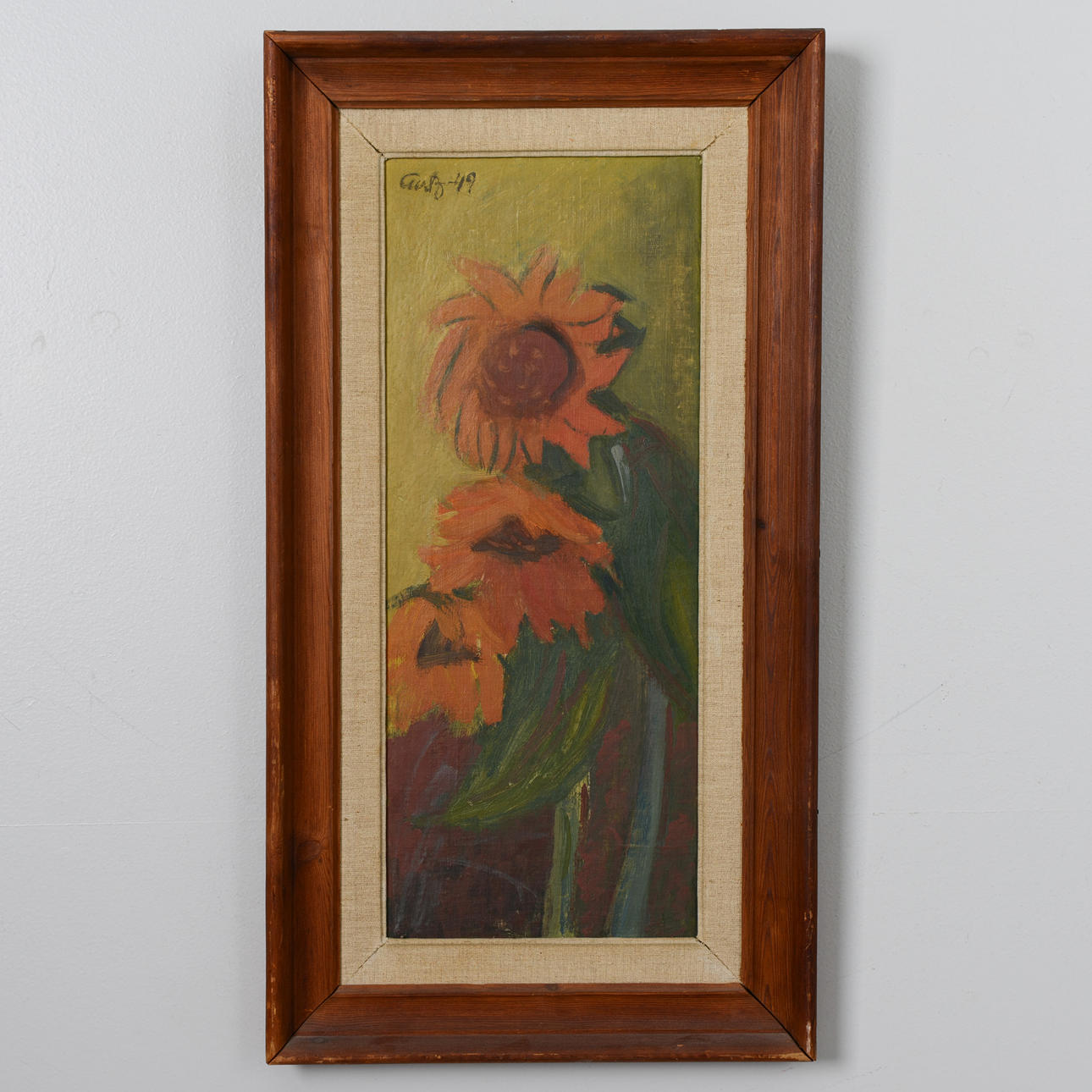 OIDENTIFIERAD KONSTNÄR. Sunflowers, oil on panel, signed and dated 49.