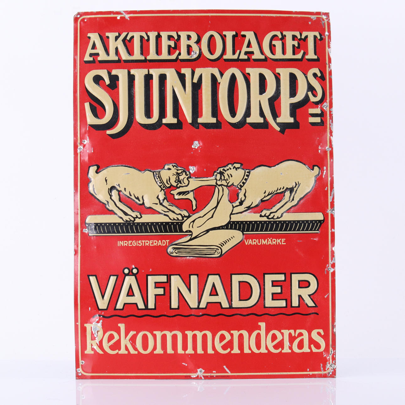SJUNTORPS VÄVNADER, plåtskylt, 1920-tal.