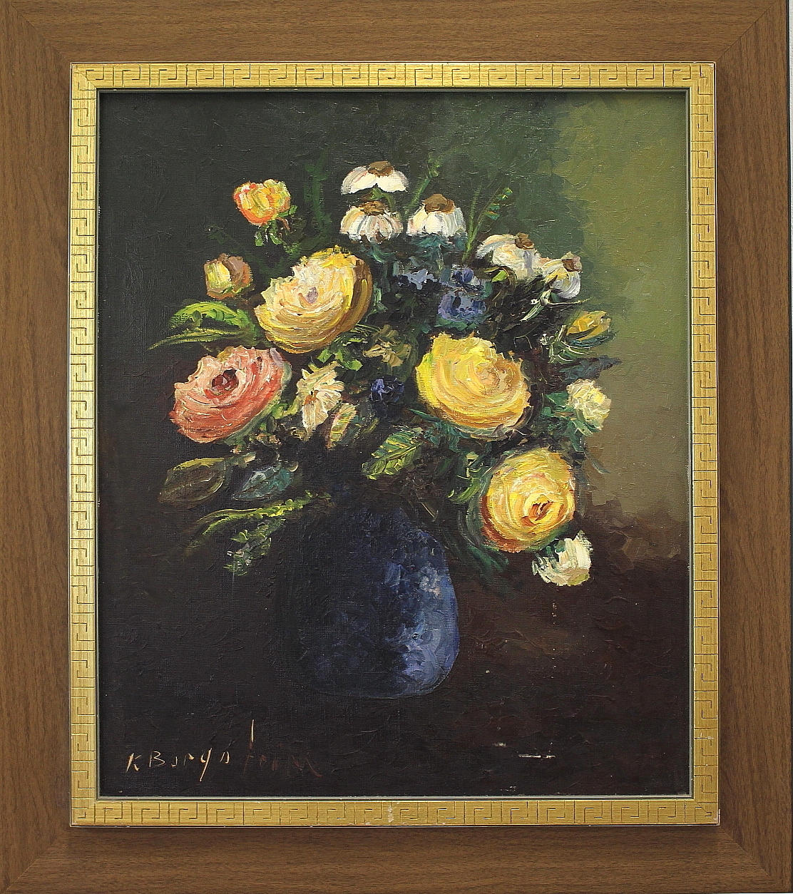 OIDENTIFIERAD KONSTNÄR. olja på duk, blomstilleben, signerad.