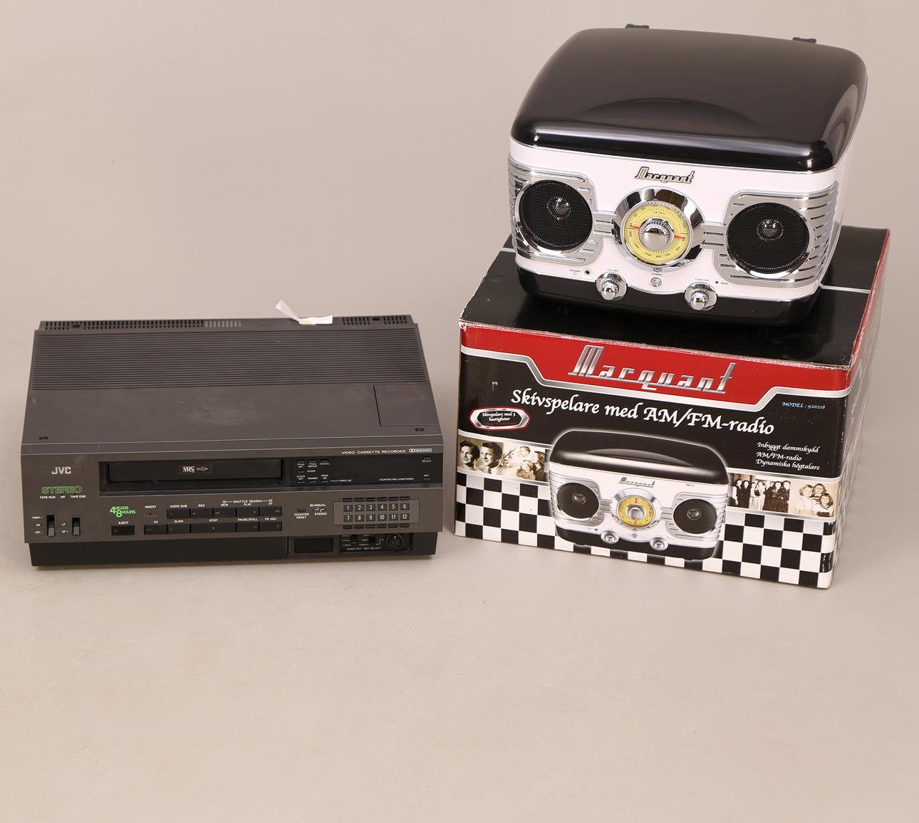 VHS PLAYER, JVC, 1900s + RECORD PLAYER with radio, Marquant, 2000s.