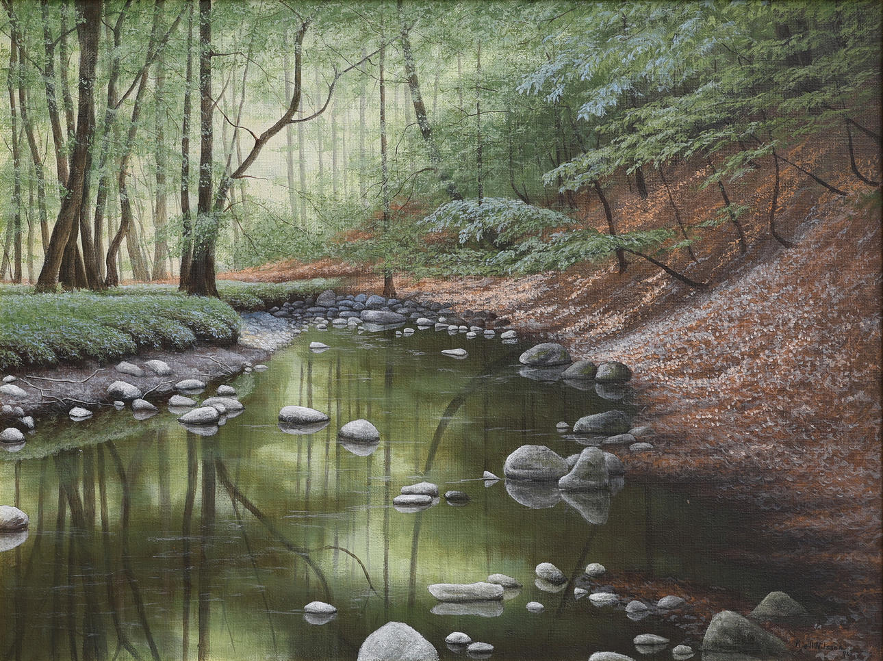 KJELL NILSSON. OIL ON CANVAS, STREAMS IN DECIDUOUS FOREST, SIGNED & DATED -96.