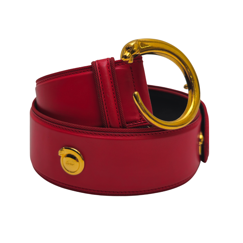 CARTIER. LEATHER BELT WITH GOLD PANTHERE BUCKLE.