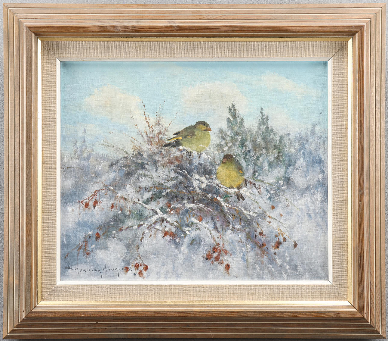 HENNING HOUGAARD. Greenfinches in branchwork.