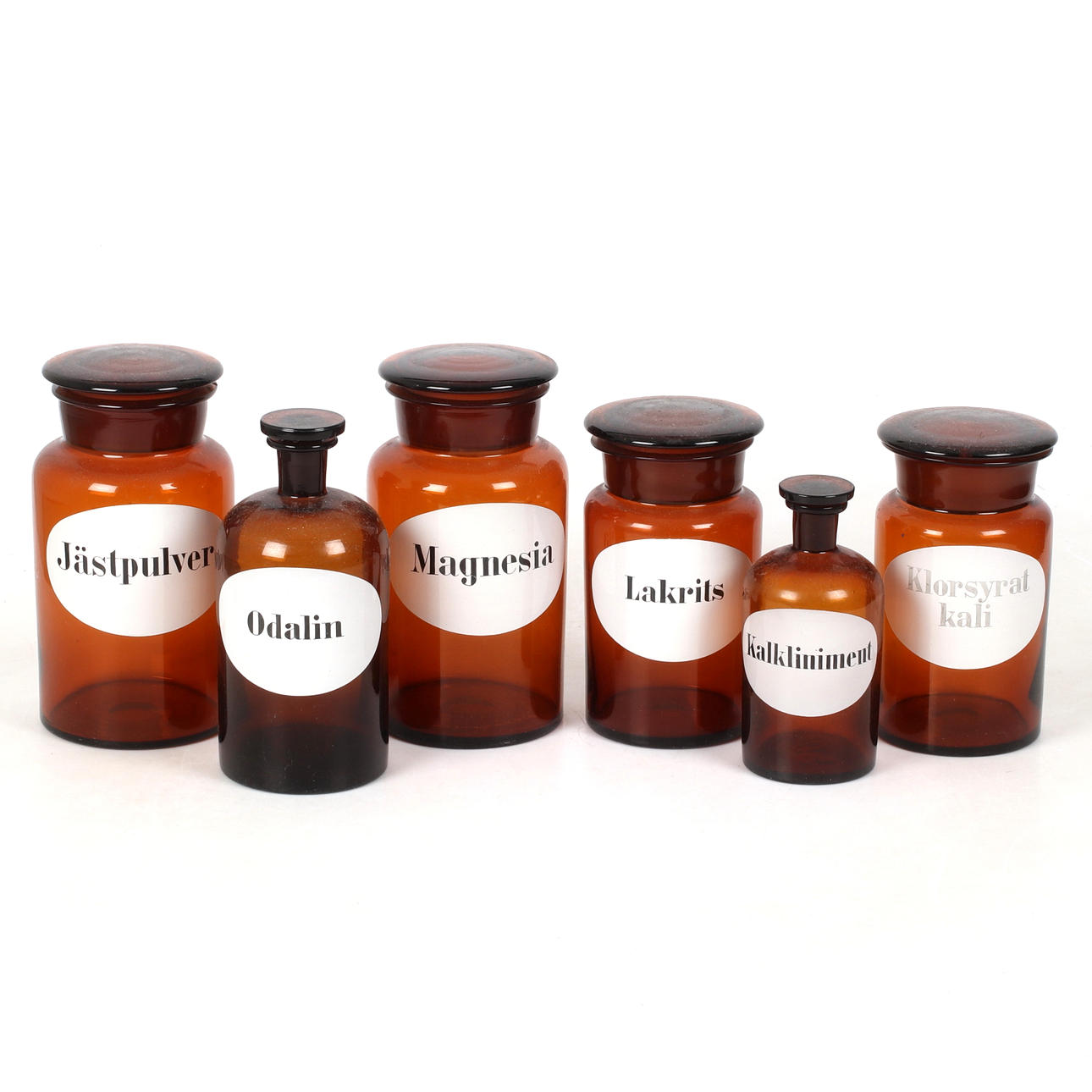 5 glass pharmacy jars, 20th century.