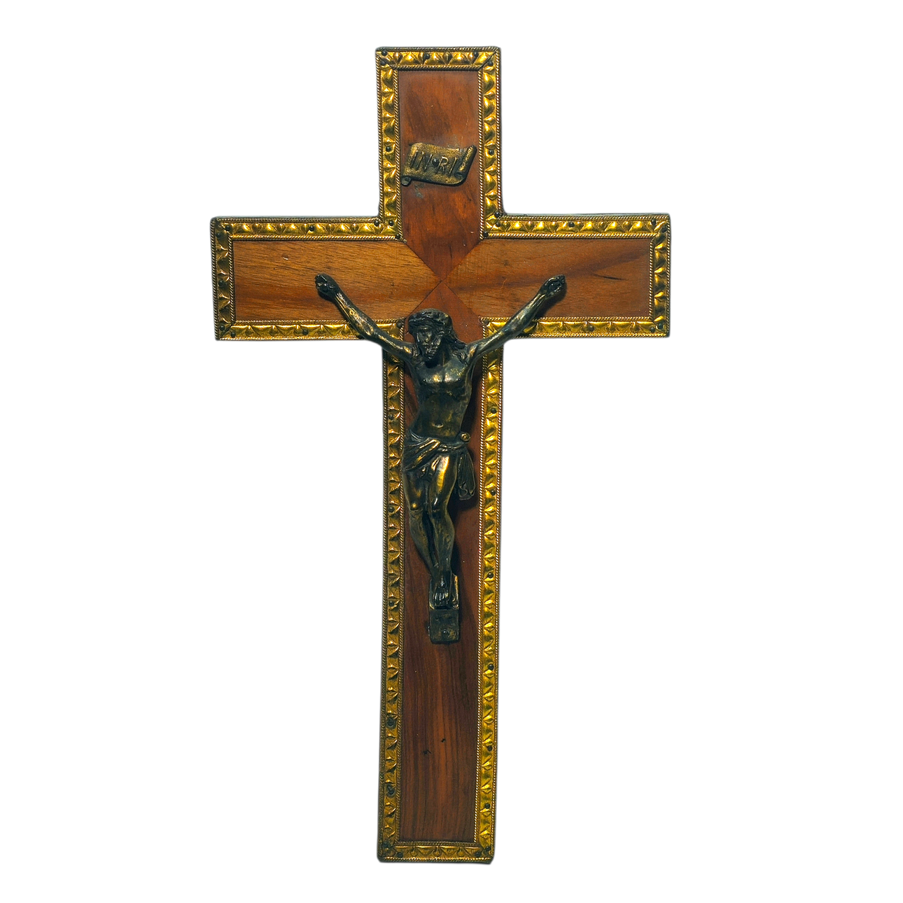 Wooden crucifix with bronze image.