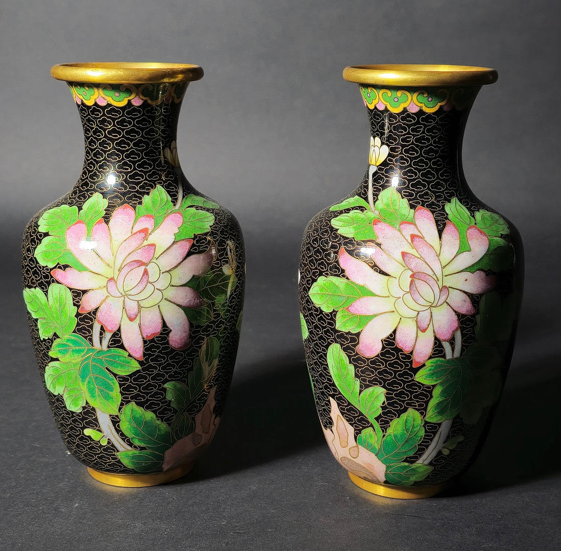 TWO BRASS AND CLOISONNÉ ENAMEL VASES.