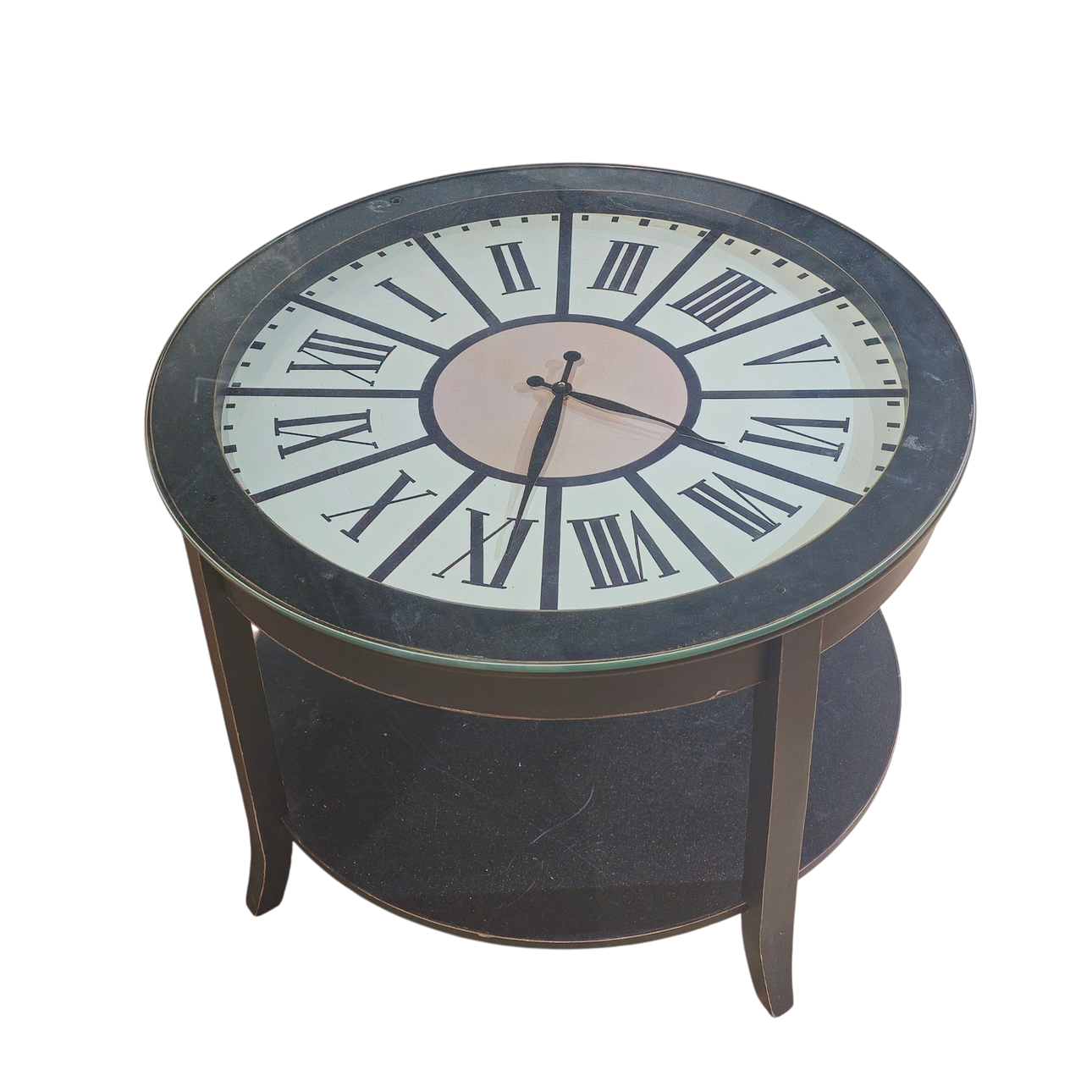 Two-tier wood side table with clock.
