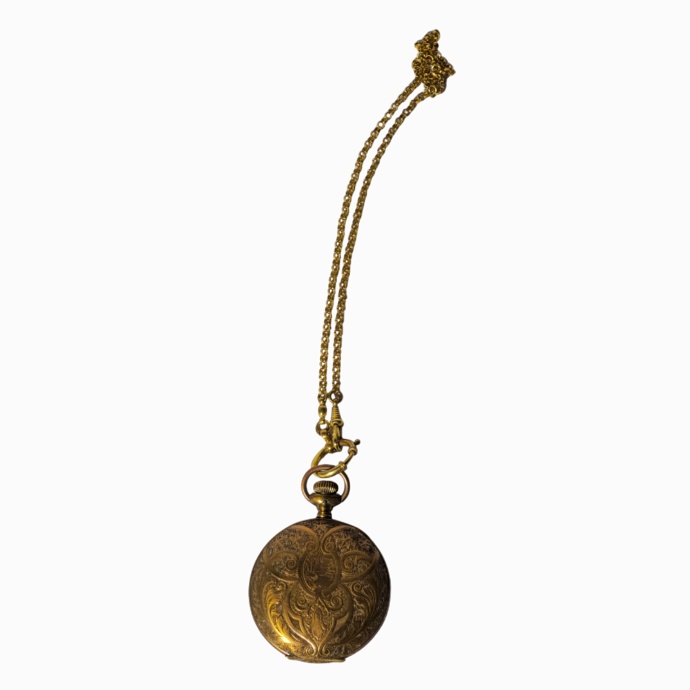 POCKET WATCH AND CHAIN.