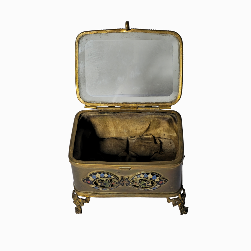 BRASS, GLASS AND CLOISONNÉ BOX.