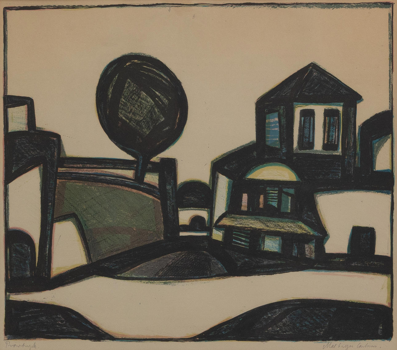 MAX GREGOR CARLSSON. House with trees, lithograph, sample print, signed.