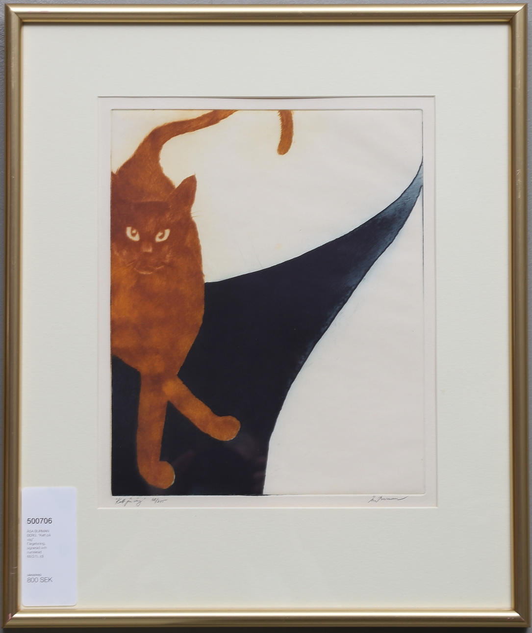 ÅSA BURMAN BERG. "Katt på väg". Färgetsning, signerad och numrerad 68/275.