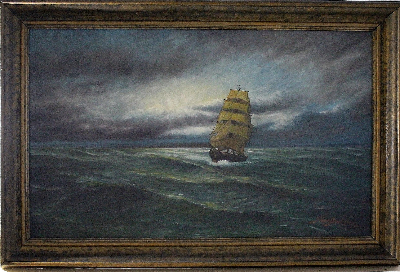 RINO AXELSON. olja på duk, Fartyg till havs, signerad.