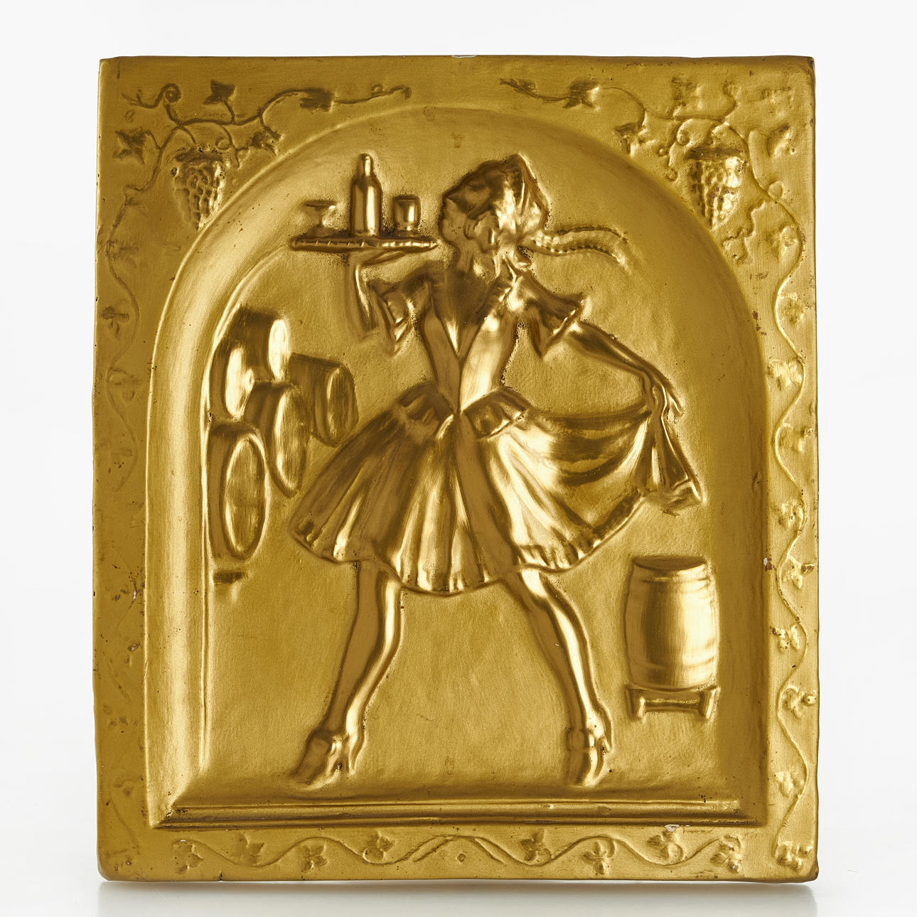 A 1920's wall relief, partly gilded and bronzed earthenware, enl. task decor elements from Den Gyldene Freden, Stockholm.