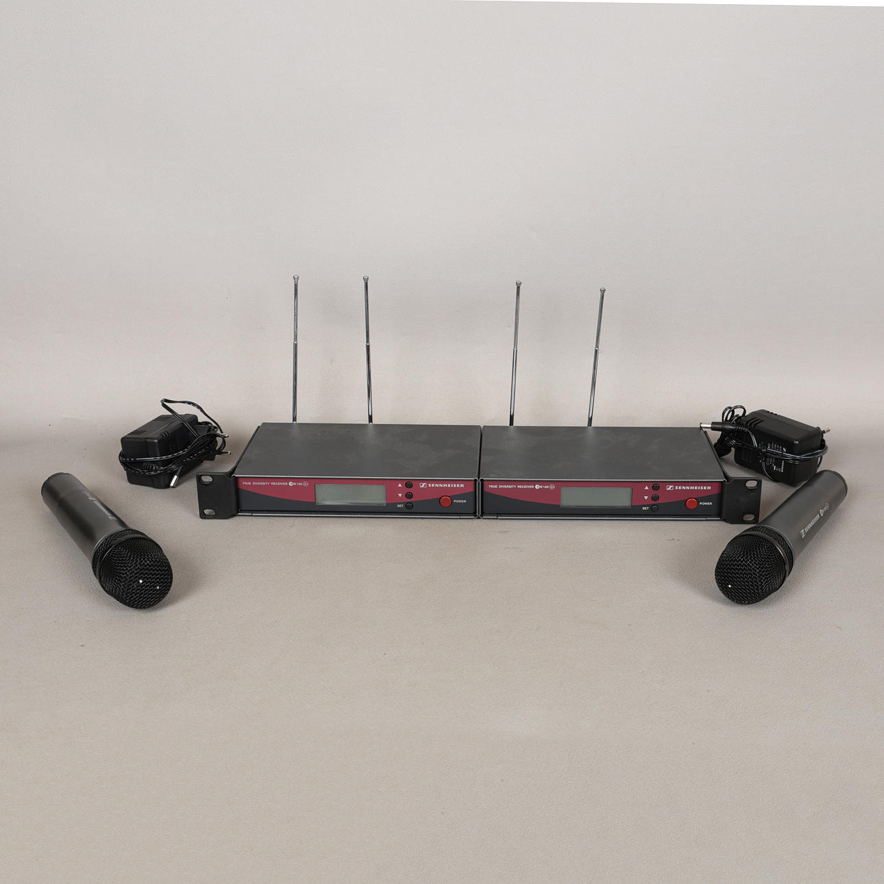 TWO SENNHEISER EW100 G2 MICROPHONE RECEIVER AND TWO MICROPHONES (4).