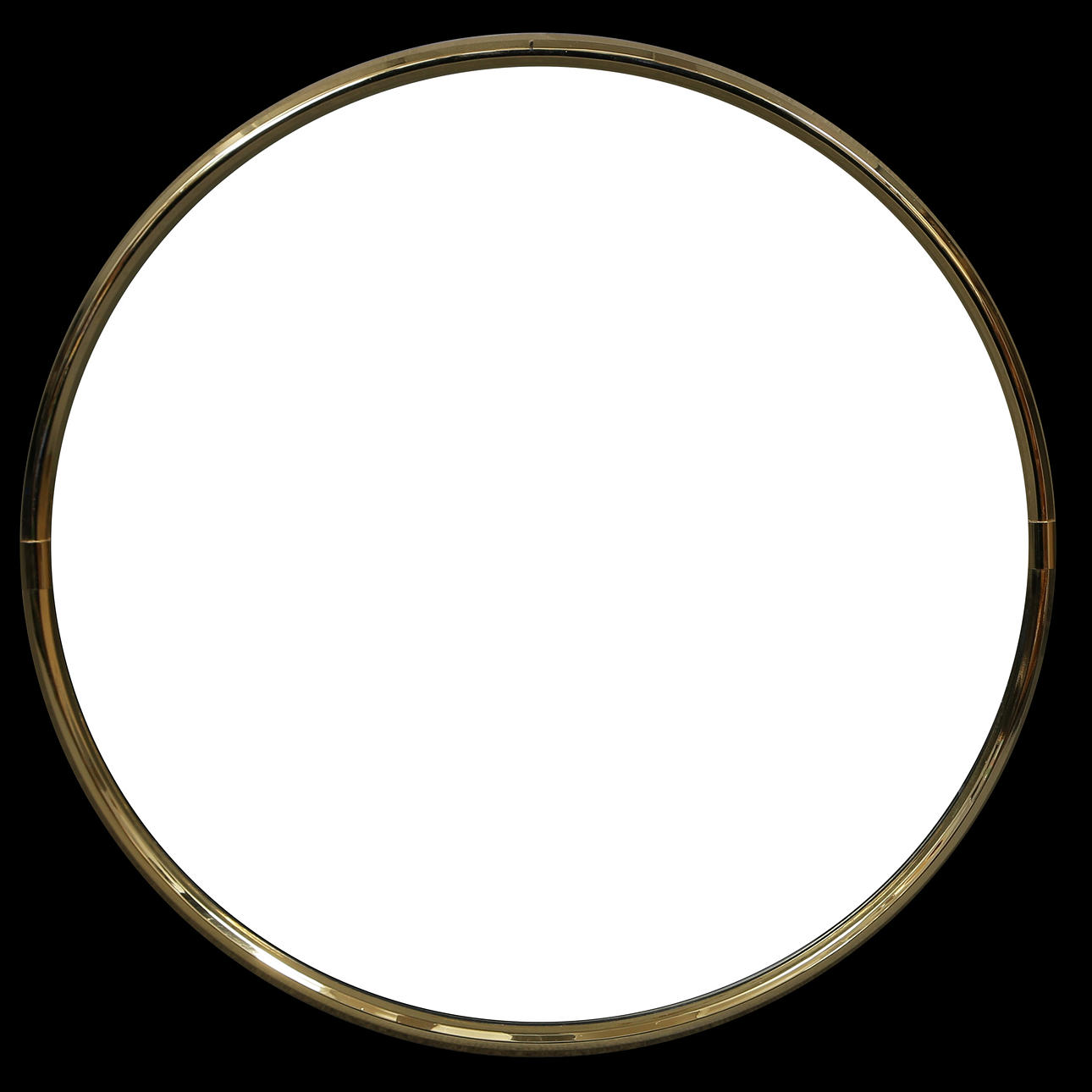 ROUND MIRROR WITH GOLD COLORED FRAME.