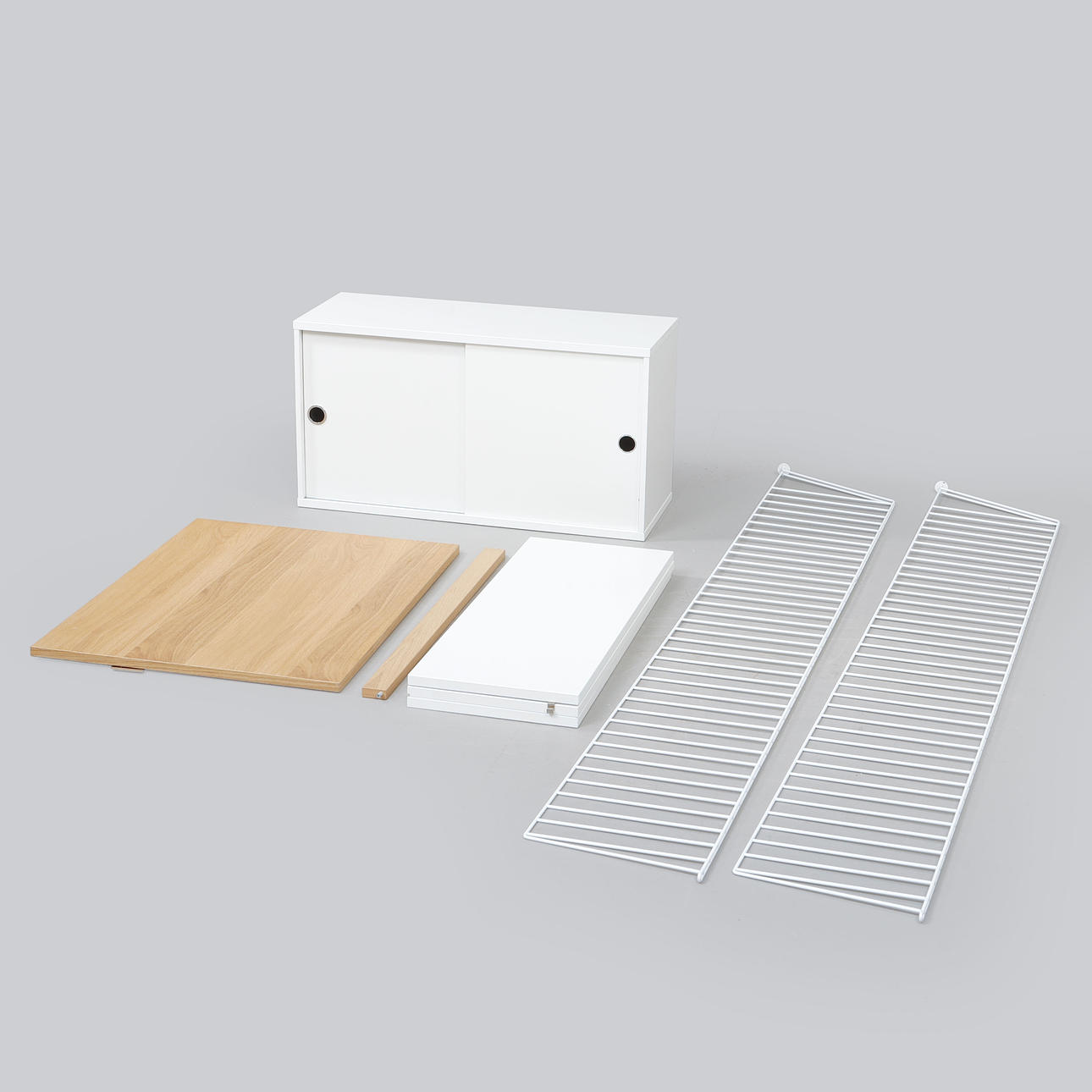 SHELVING SYSTEM WITH CABINET AND DESK, string.