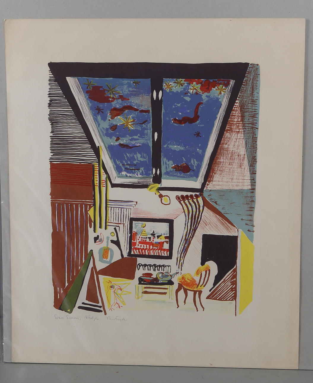 SVEN X:ET ERIXSON. "Ateljén", färglitografi, signerad, provtryck.