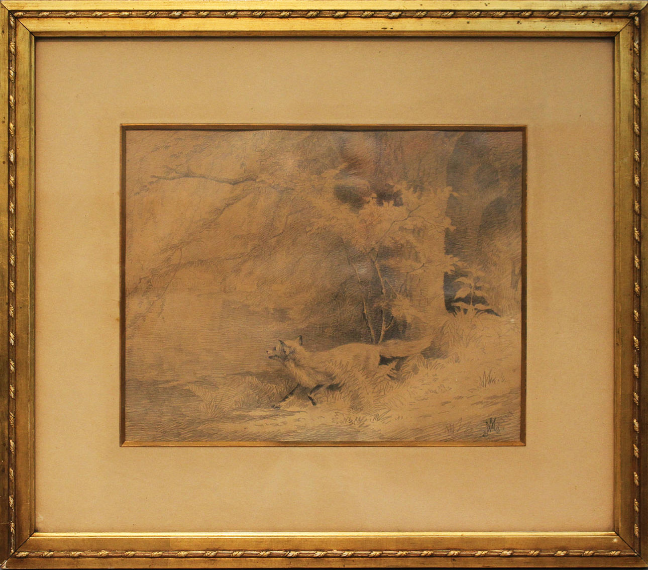 ADOLF HENRISCH MACKEPANG. Räv i skog. Blyertsteckning. Signerad A M.