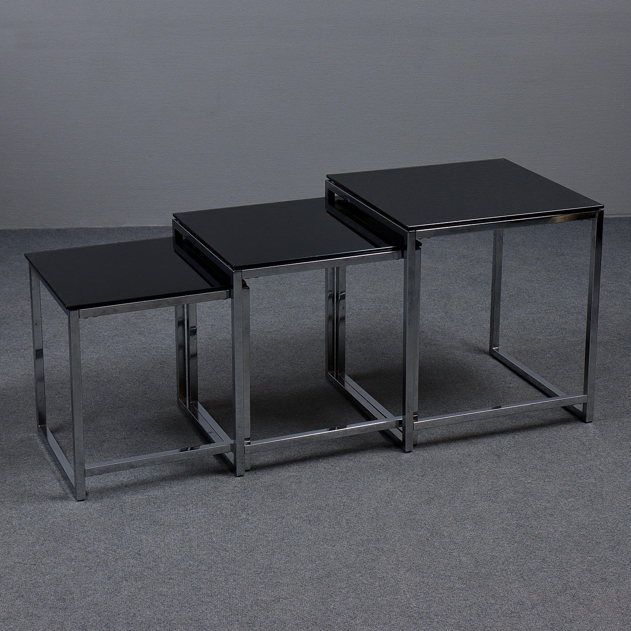 NESTING TABLES, CHROME, BLACK TINTED GLASS, CONTEMPORARY.
