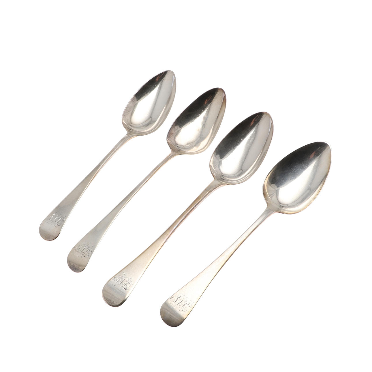 FOUR GEORGE III SILVER OLD ENGLISH PATTERN TABLE SPOONS.