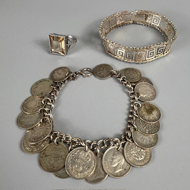 SILVER BRACELETS AND RING.