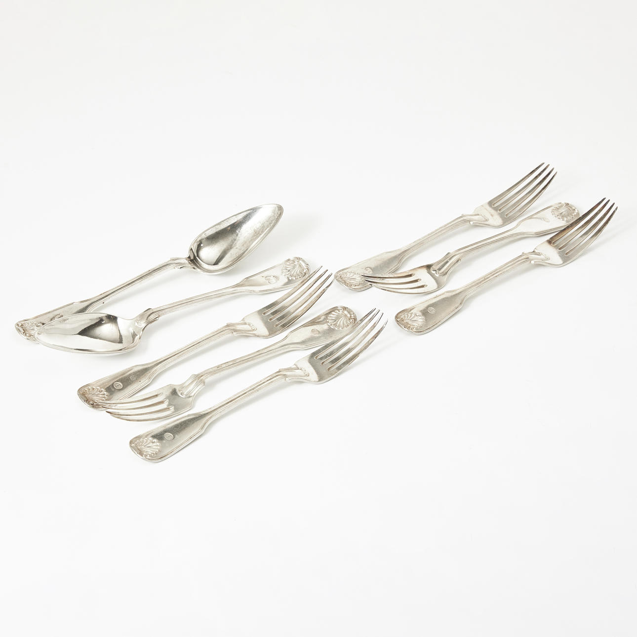 GUSTAF MÖLLENBORG. Table forks, 6 pcs, table spoons, 2 pcs, silver, 'snäck' pattern, Stockholm 1849 and 1842.