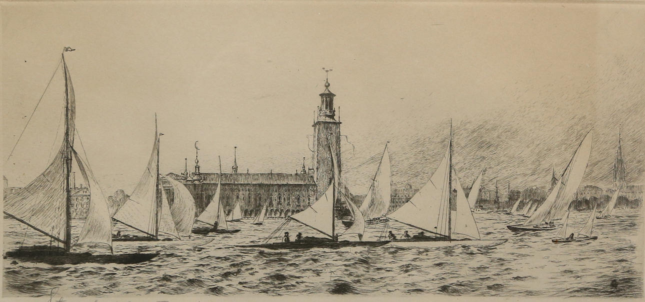 GERHARD ALBE. Etching, “Stadshusregattan”, signed and dated 1923.