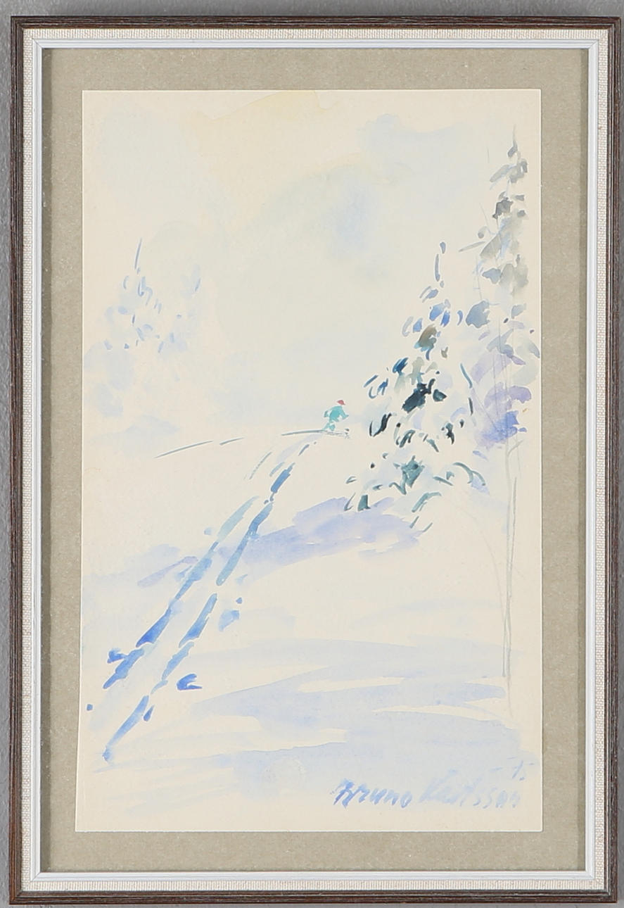 BRUNO KARLSSON. Skidåkare, akvarell, signerad och daterad -75.