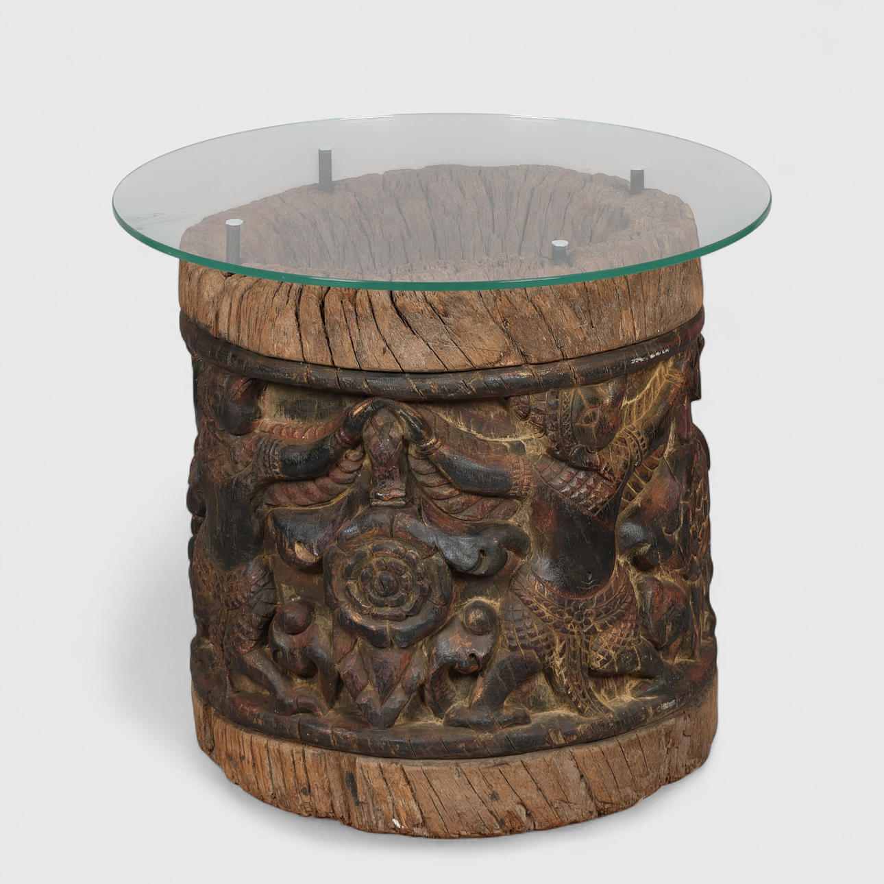 Asian coffee table made of rustic carved wood with glass top. Asia ...