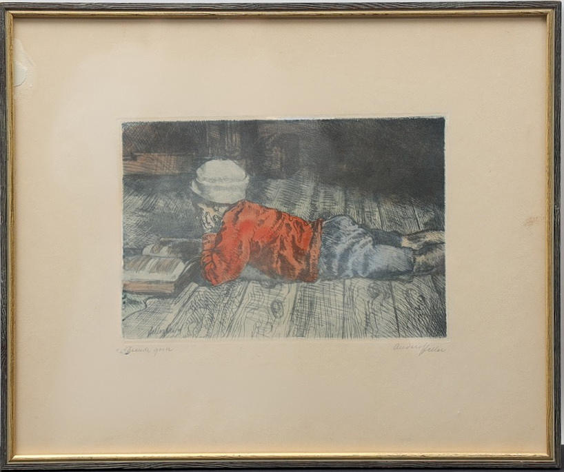 ANDERS HELLER. Coloured etching, “Reading lad” Signed.