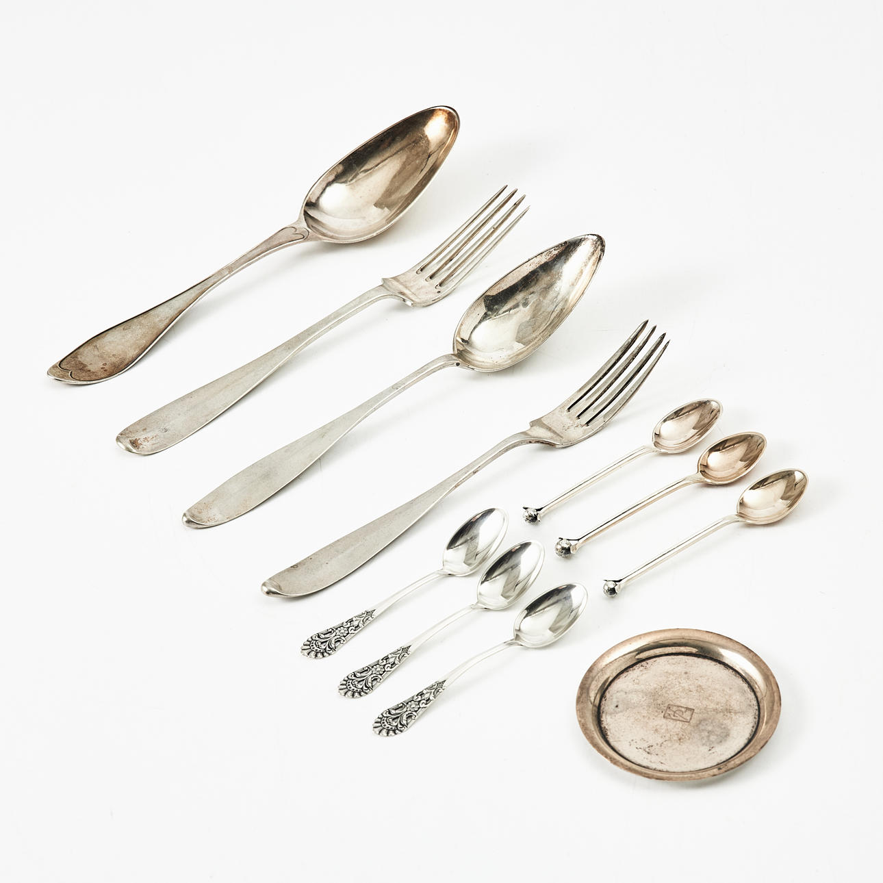 SPOONS, FORKS, TEASPOONS, etc., silver, 11 pieces.