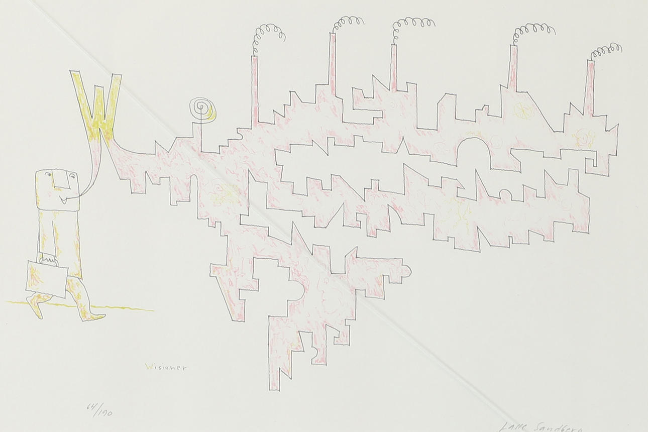 LASSE SANDBERG. “Wisioner”, lithograph in colours, signed.