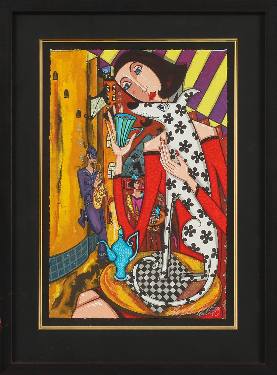 ANGELICA WIIK. Komposition med figurer, färglitografi med glitter, signerad, EA.