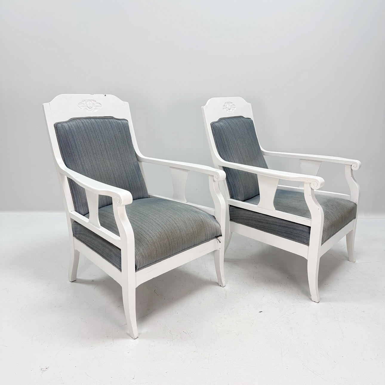 ARMCHAIRS, painted wood, with rose cut.