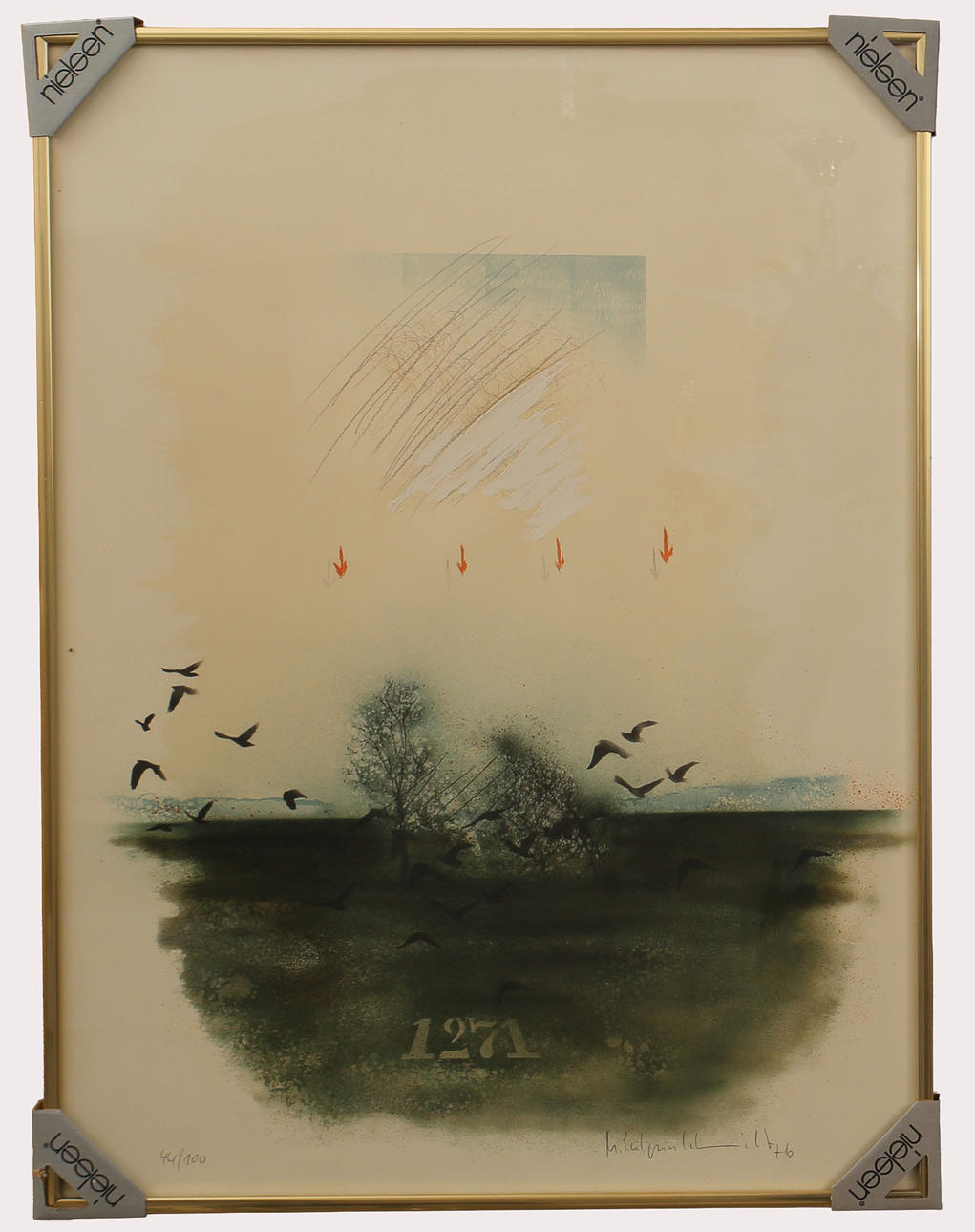 MICHAEL SCHMIDT. Lithograph in colours, composition with birds and arrows, numbered 44/100, signed-76.