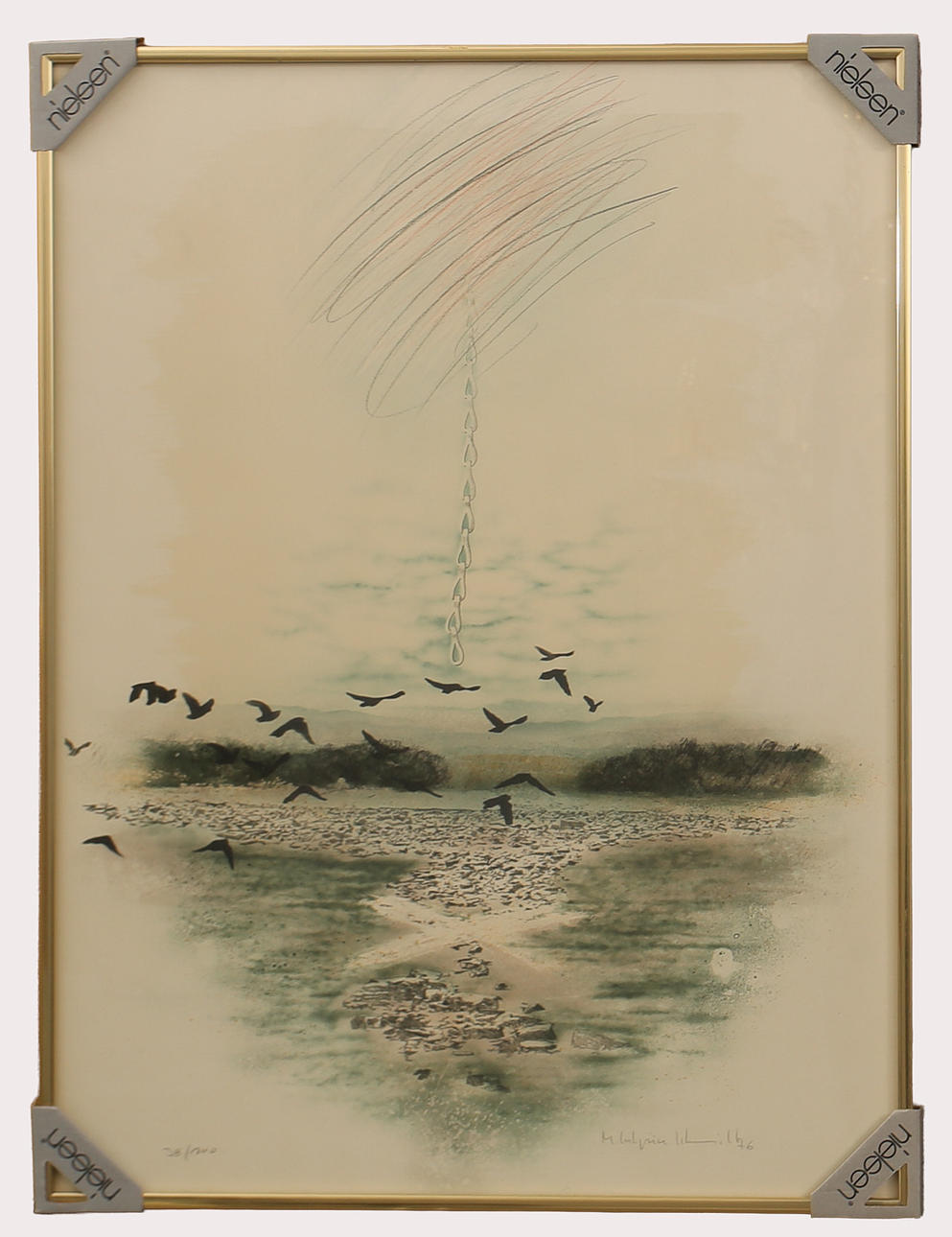 MICHAEL SCHMIDT. Lithograph in colours, composition with birds and chain numbered 38/100, signed-76.