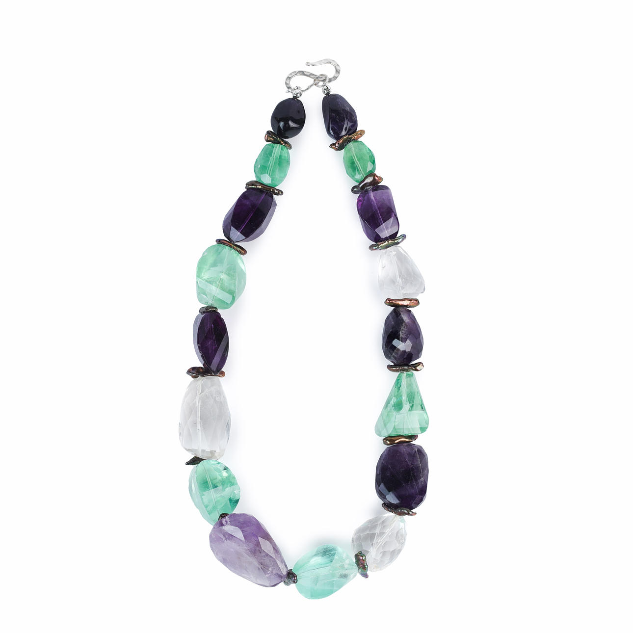 Necklace with large fluorite crystals and amethyst.