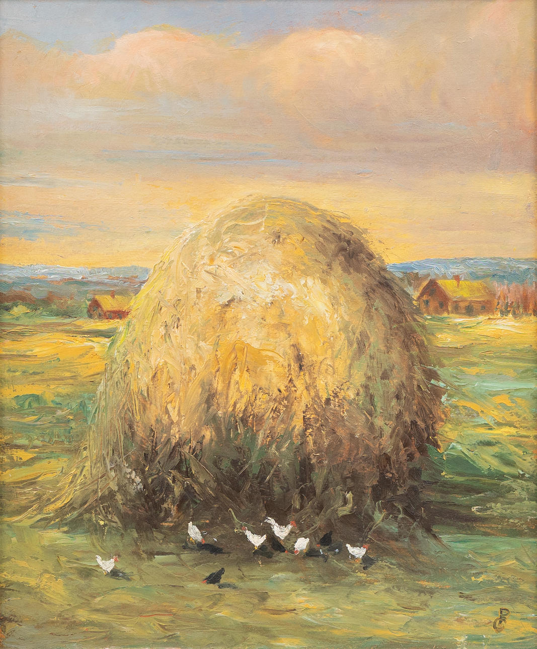 OIDENTIFIERAD KONSTNÄR. Hens at haystack. oil on panel, signed CP.