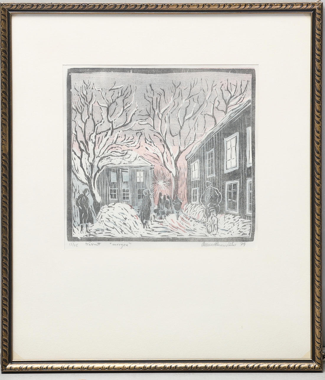 OIDENTIFIERAD KONSTNÄR. Träsnitt, "Morrgon" , signerad.