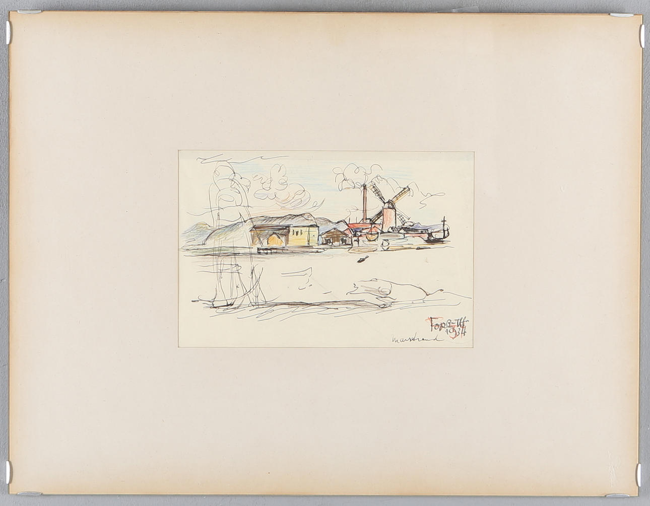 EINAR FORSETH. Kustlandskap med fabriker, blandteknik, singerad.