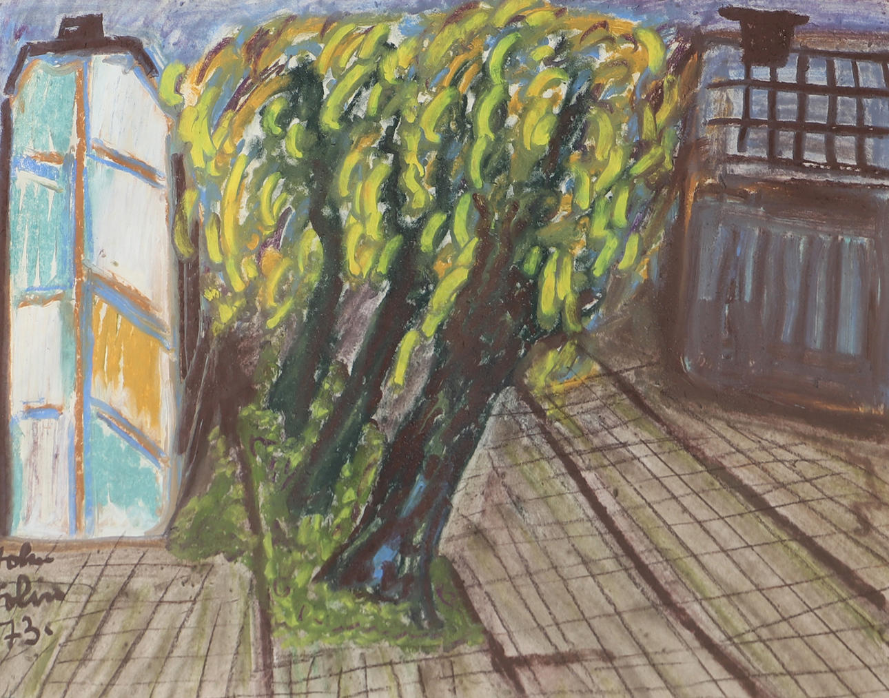 JOHN FOLIN. Cityscape with trees, mixed media, signed -73.