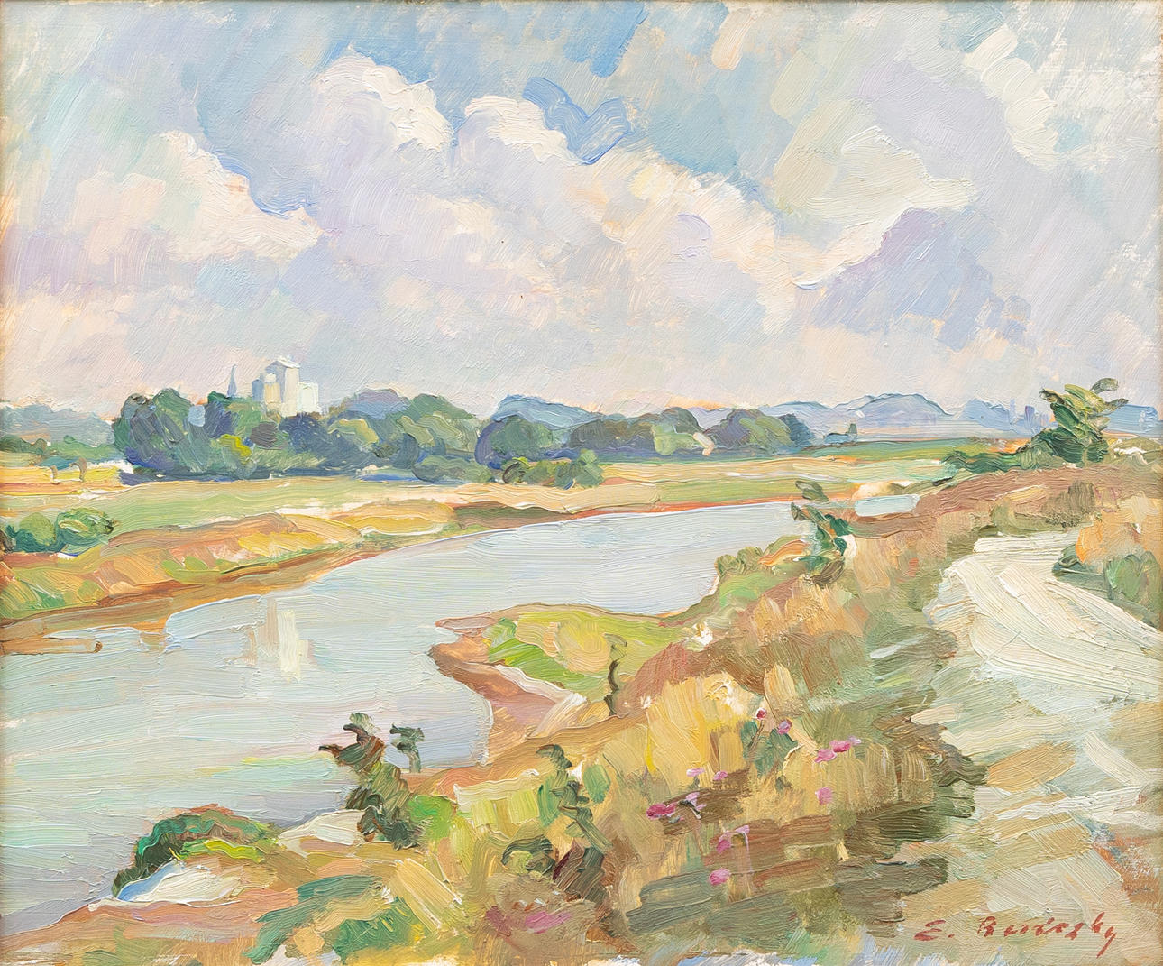 OIDENTIFIERAD KONSTNÄR. Summer landscape, oil on panel, indistinctly signed E Ber... sky.