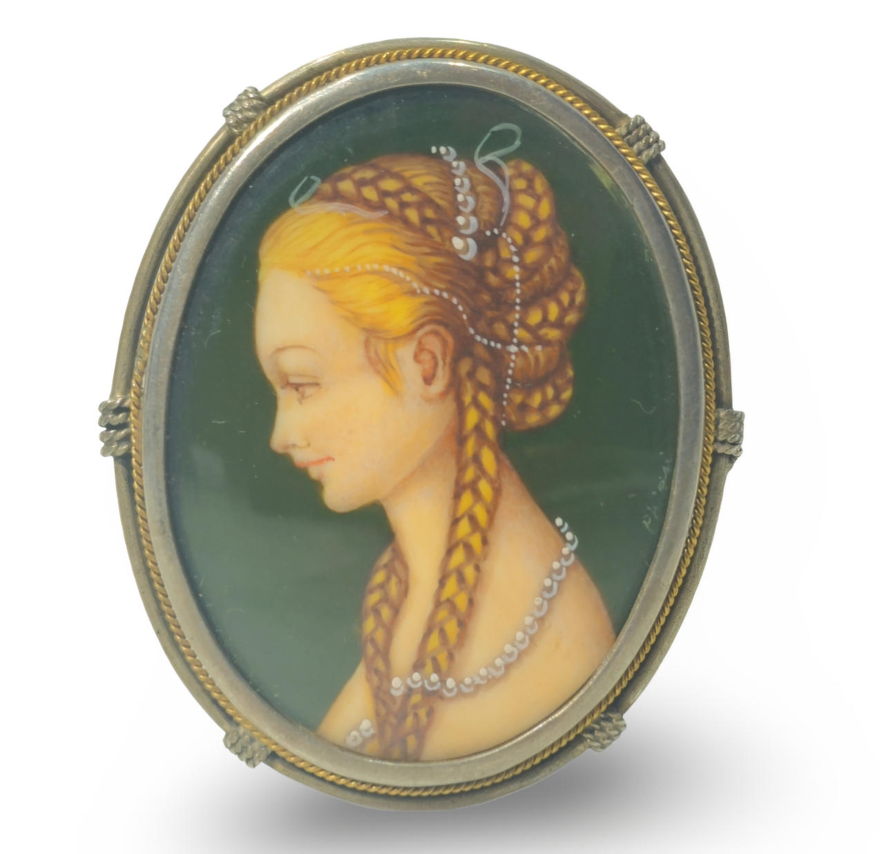 Silver brooch with hand-painted miniature lady.