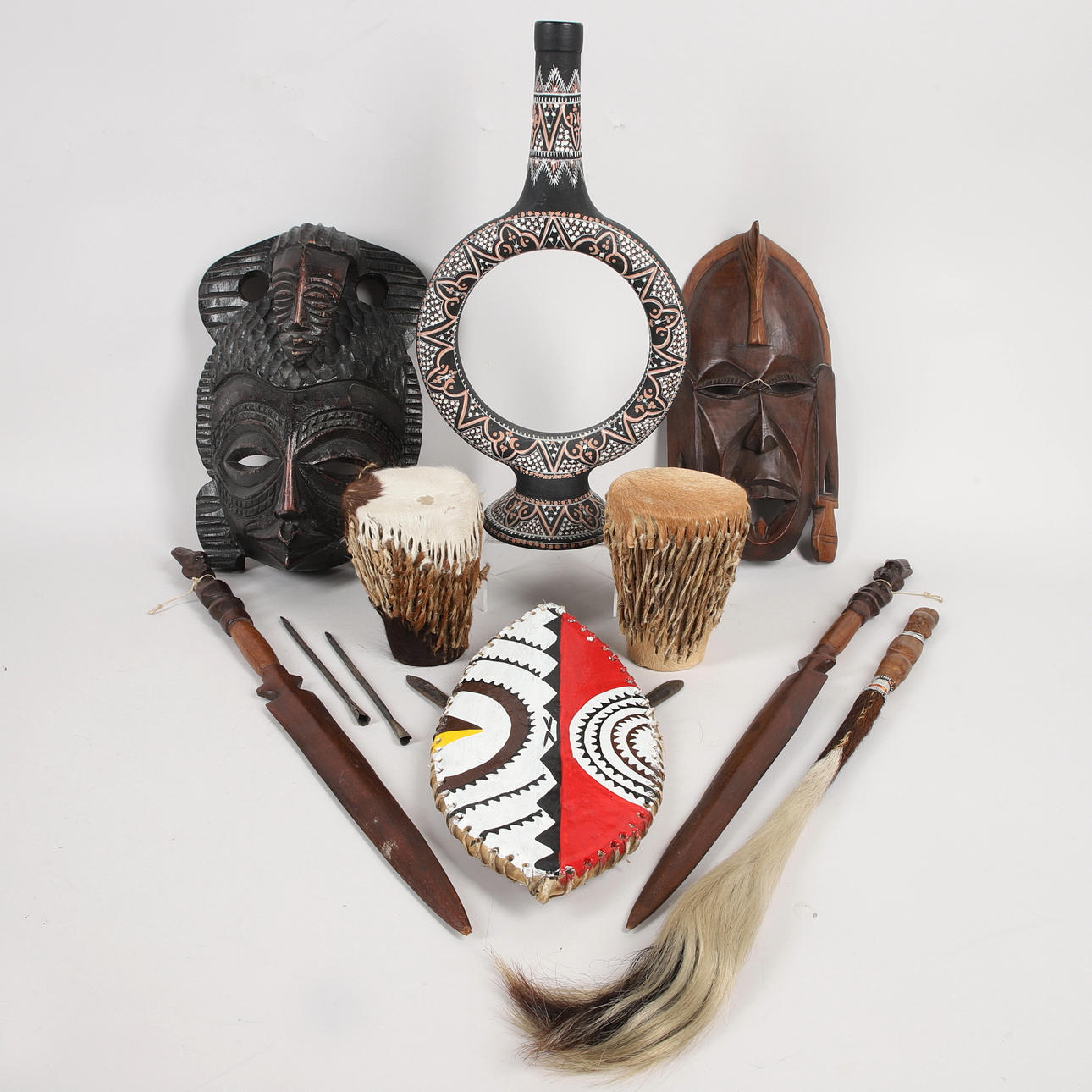 PARTY MASKS, DRUMS, WEAPONS & VASE, 13 pieces, carved, Oriental/African ...