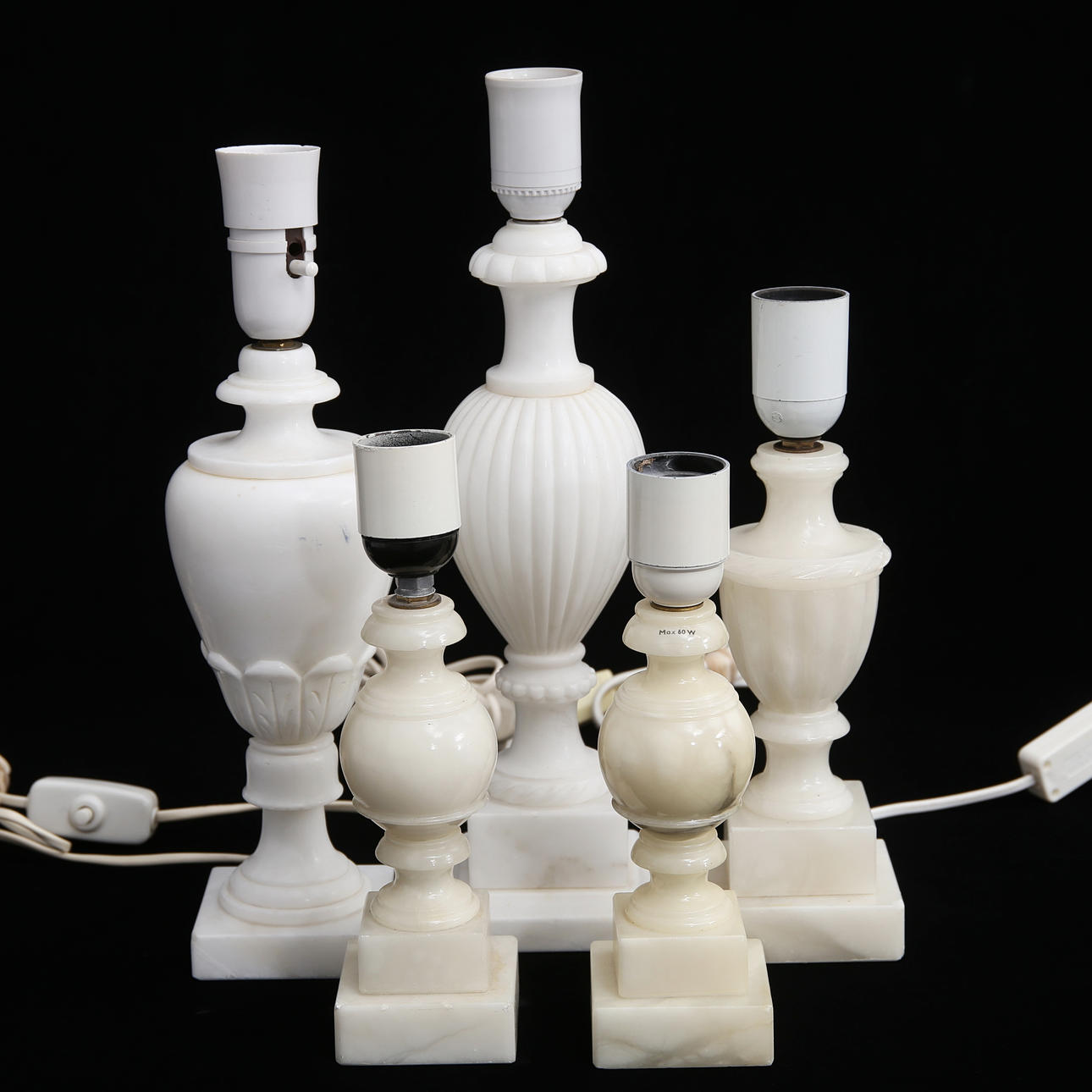 LAMPFÖTTER, 5 st, alabaster, 1900-tal.