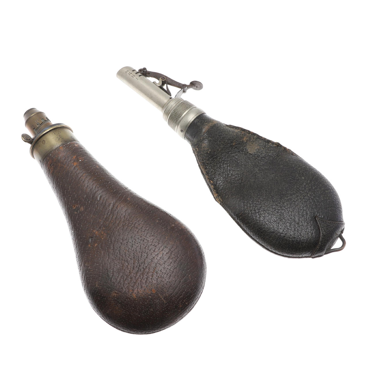 TWO 19TH CENTURY LEATHER SHOT FLASKS AND CONTENTS.