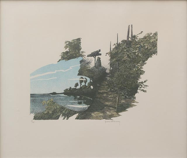 BENGT BÖCKMAN. Composition with landscape, lithograph no. 55/225, signed.